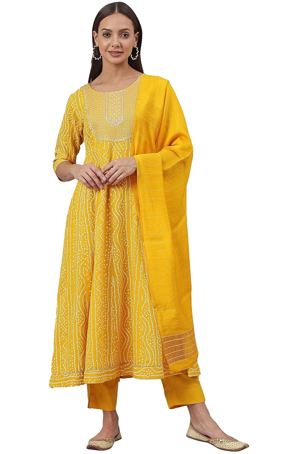 Janasya Women's Yellow Cotton A-Line Kurta with Pant and Dupatta