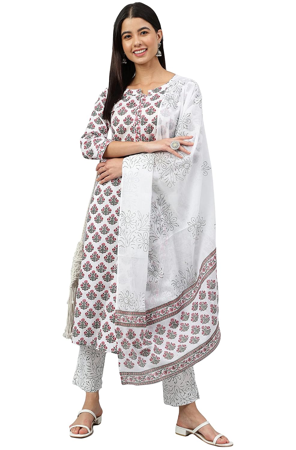 Janasya Women's White Cotton Floral Block Print Kurta with Pant and Dupatta