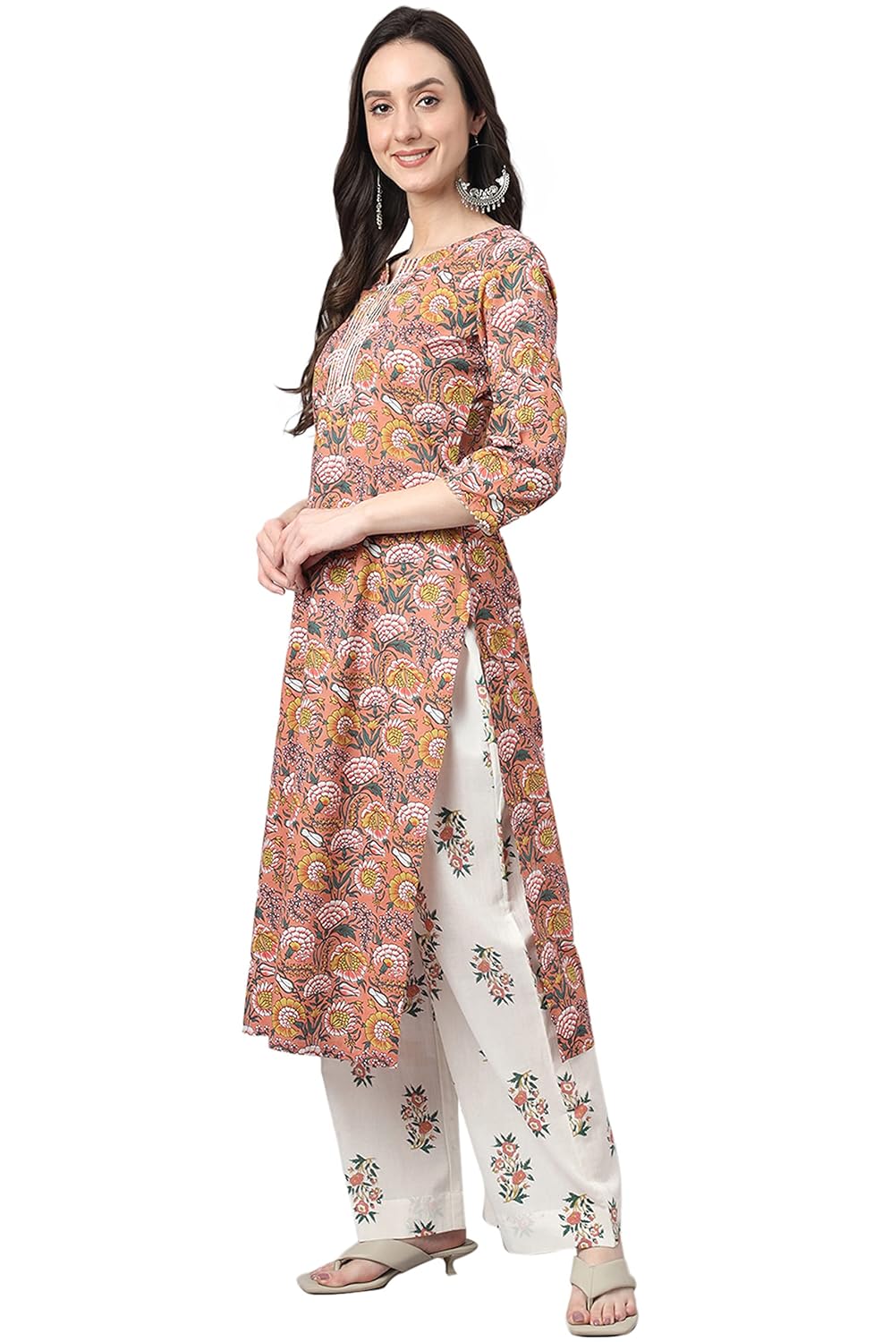 Janasya Women's Pink Cotton Floral Print Kurta with Palazzo and Dupatta