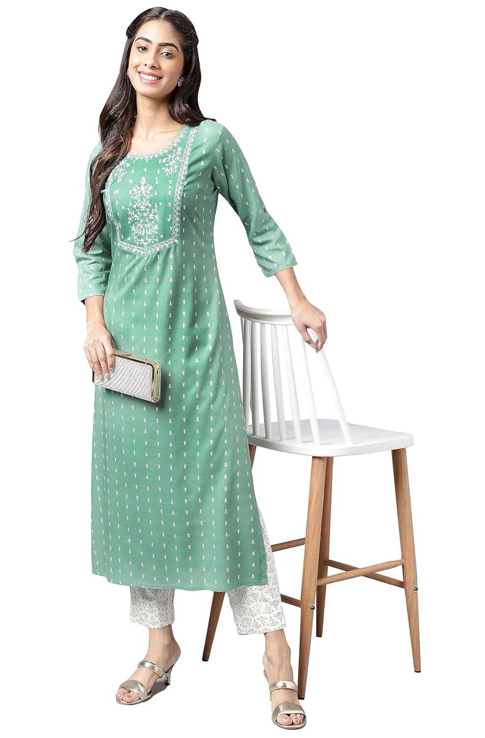 Janasya Women's Green Rayon Foil Printed Kurta with Pants