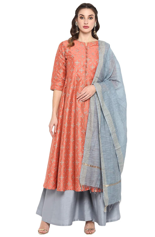 Janasya Women's Peach Poly Silk Foil Printed Kurta with Palazzo and Dupatta
