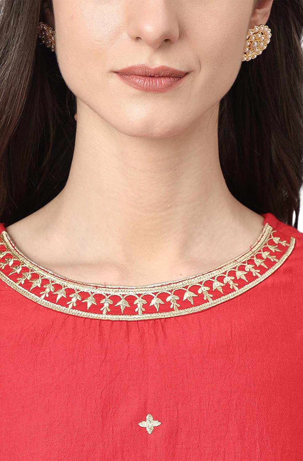 Janasya Women's Red Chinon Solid Kurta with Pant and Dupatta