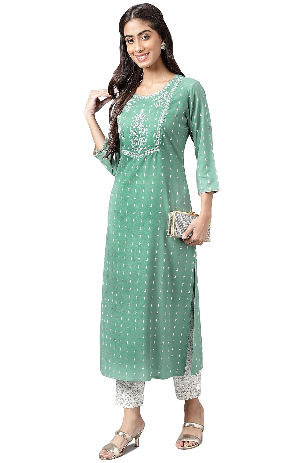 Janasya Women's Green Rayon Foil Printed Kurta with Pants