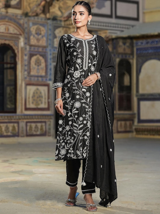 Scakhi Floral Embroidered Chikankari Straight Kurta With Trousers & Dupatta