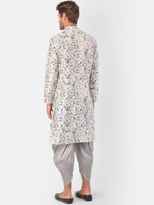 Deyann Men Off-White & Silver-Toned Printed Kurta with Patiala