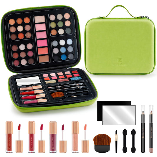 Color Nymph Beginner Makeup Kits For Teens with Reusable Handbag Included 36 Colors Eyeshadow Blushes Bronzer Highlighter 4 Colors Lipgloss 10 Colors Lip Oil Brushes Mirror(Green)