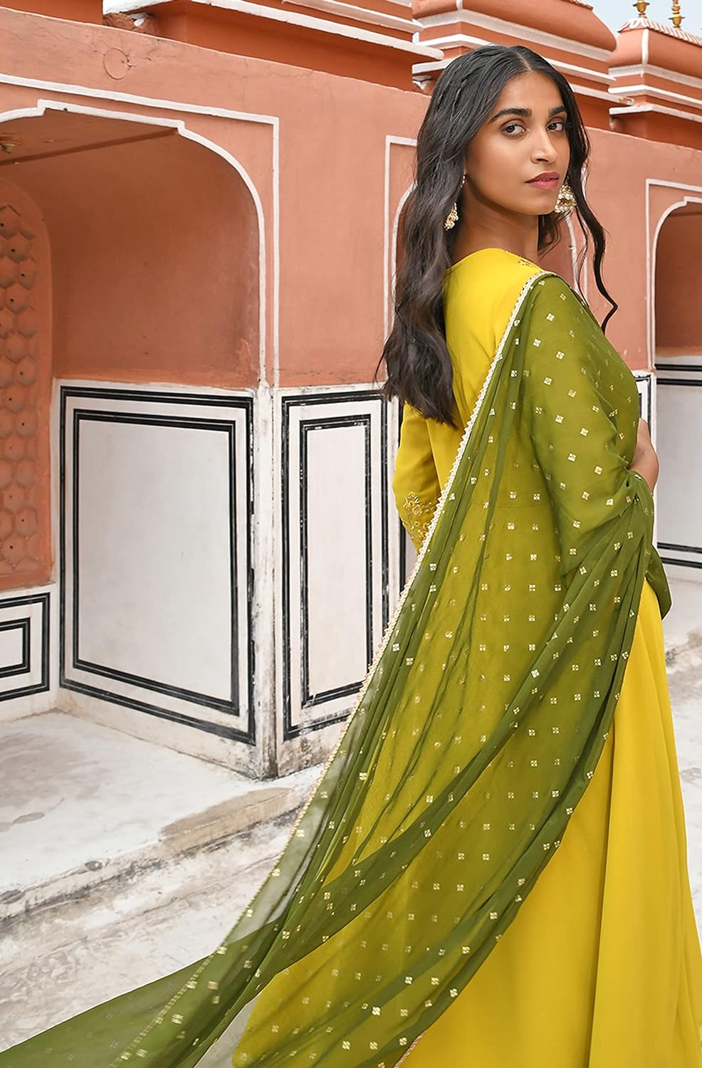 Janasya Women's Yellow Georgette Embellished Kurta with Palazzo and Dupatta