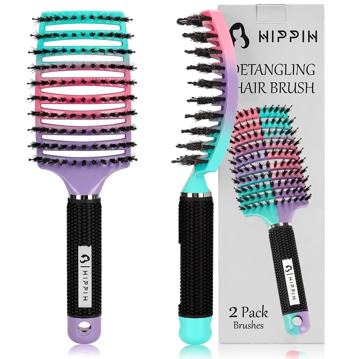 Detangling Brush 2 Pack, HIPPIH Detangler Hair brush for Adult & KidsÕ Wet or Dry Hair, Boar Bristle Hair Brush Getting Knots Out without Pain Adds Shine and Makes Hair Smooth Purple