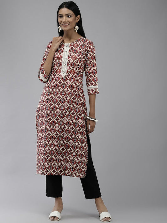 Yufta Women Beige & Maroon Ethnic Motifs Printed Cotton Indie Prints Kurta