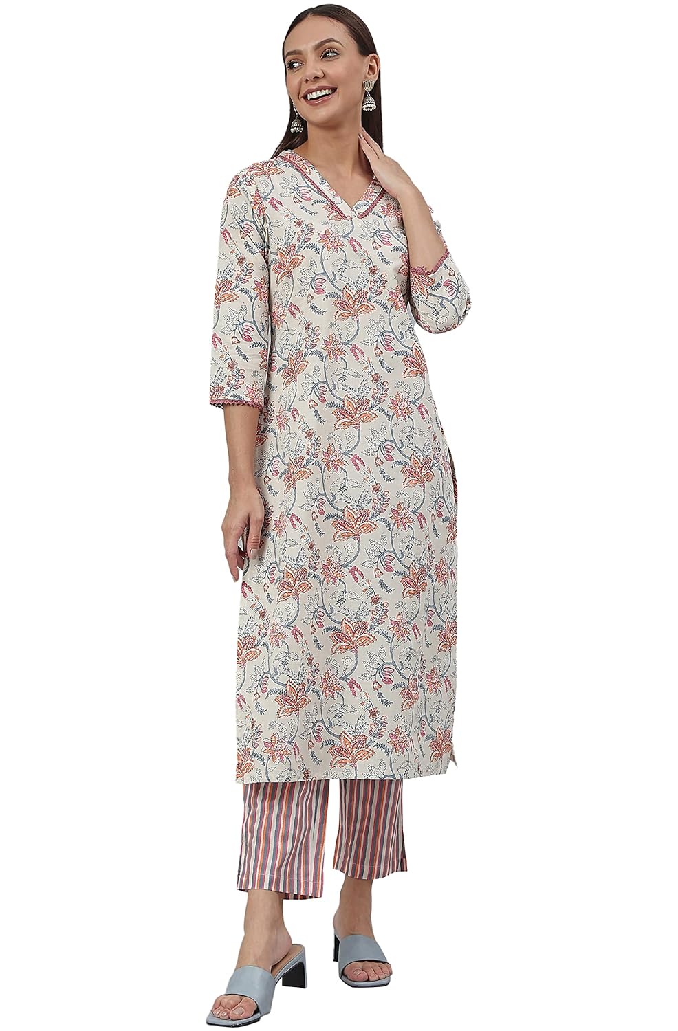 Janasya Women's Off-White Cotton Printed Kurta with Pant