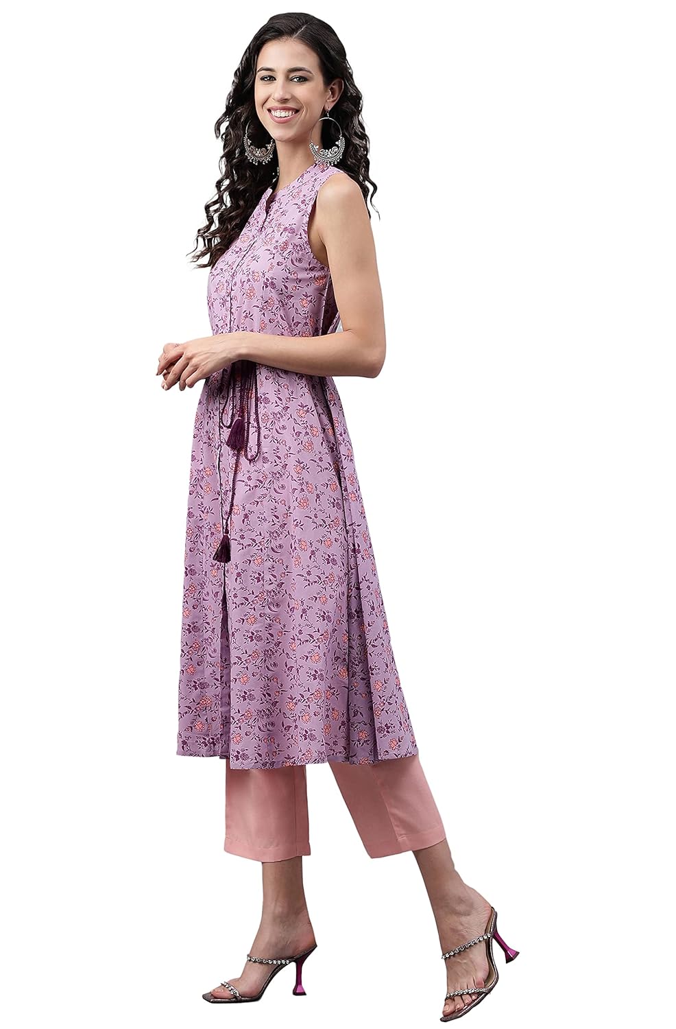 Janasya Women's Lavender Cotton Floral Printed A-Line Kurta