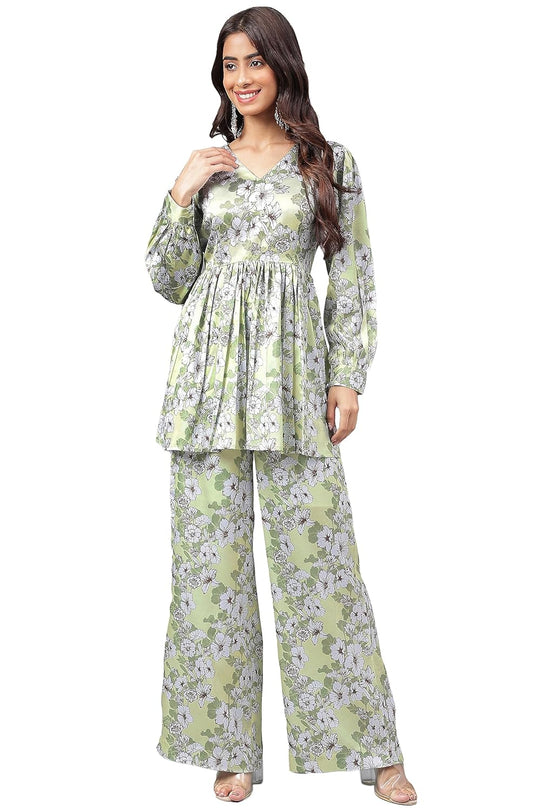 Janasya Women's Sage Green Satin Digital Floral Printed Co-ords Set