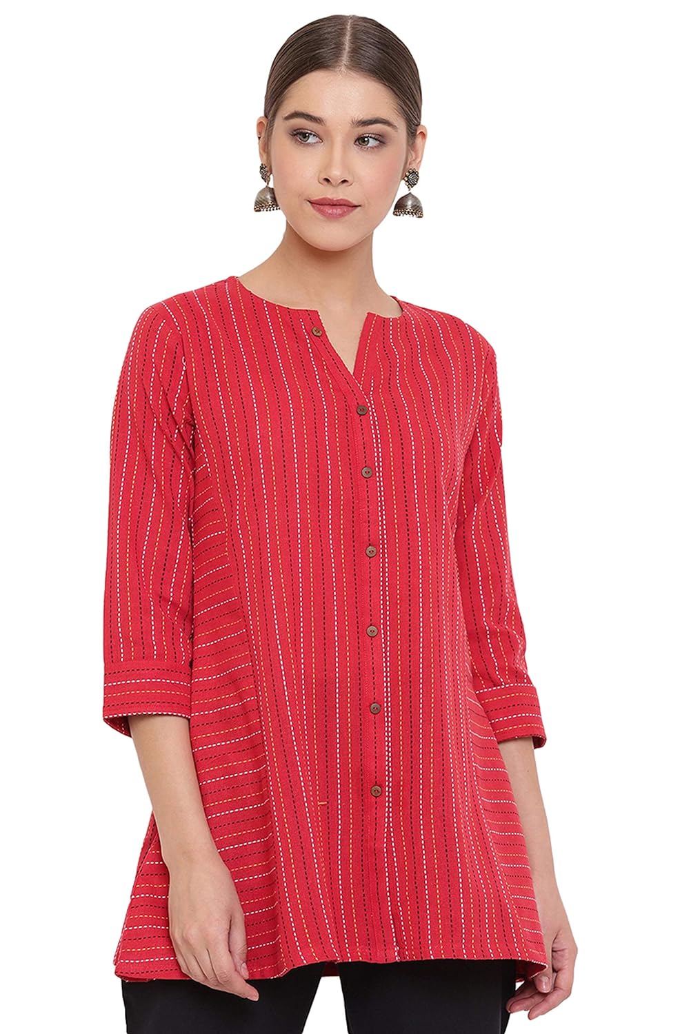 Janasya Women's Red Weaved Cotton A-Line Top