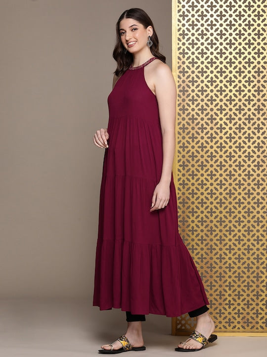 House of Pataudi Solid Halter Neck Sleeveless Tiered Rozana Kurta