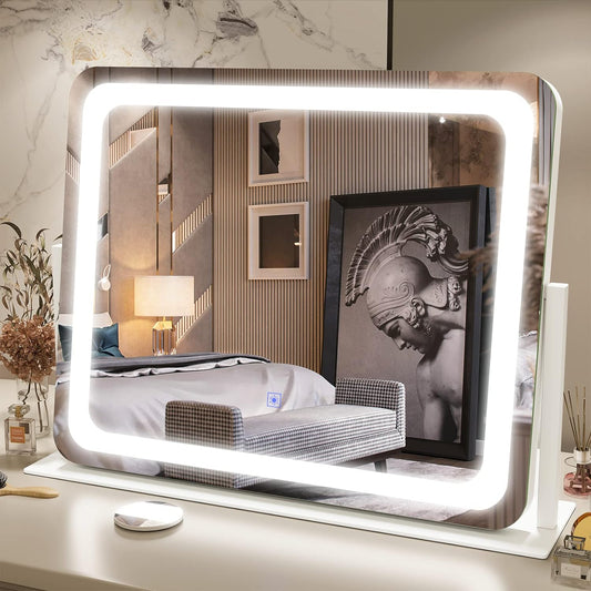 FENNIO Vanity Mirror with Lights 22"x19" LED Lighted Makeup Mirror,Large Makeup Mirror with Lights,Touch Screen with 3-Color Lighting,Led Mirror Makeup,Dimmable,for Vanity Desk Tabletop,Bedroom