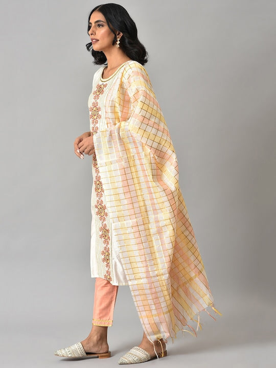 Aurelia Women White Floral Embroidered Liva Kurta with Trousers & Banaras Dupatta