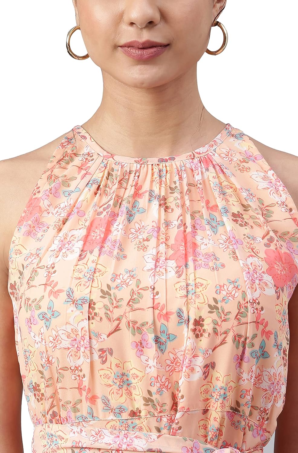 Janasya Women's Peach Georgette Floral Print Midi Dress