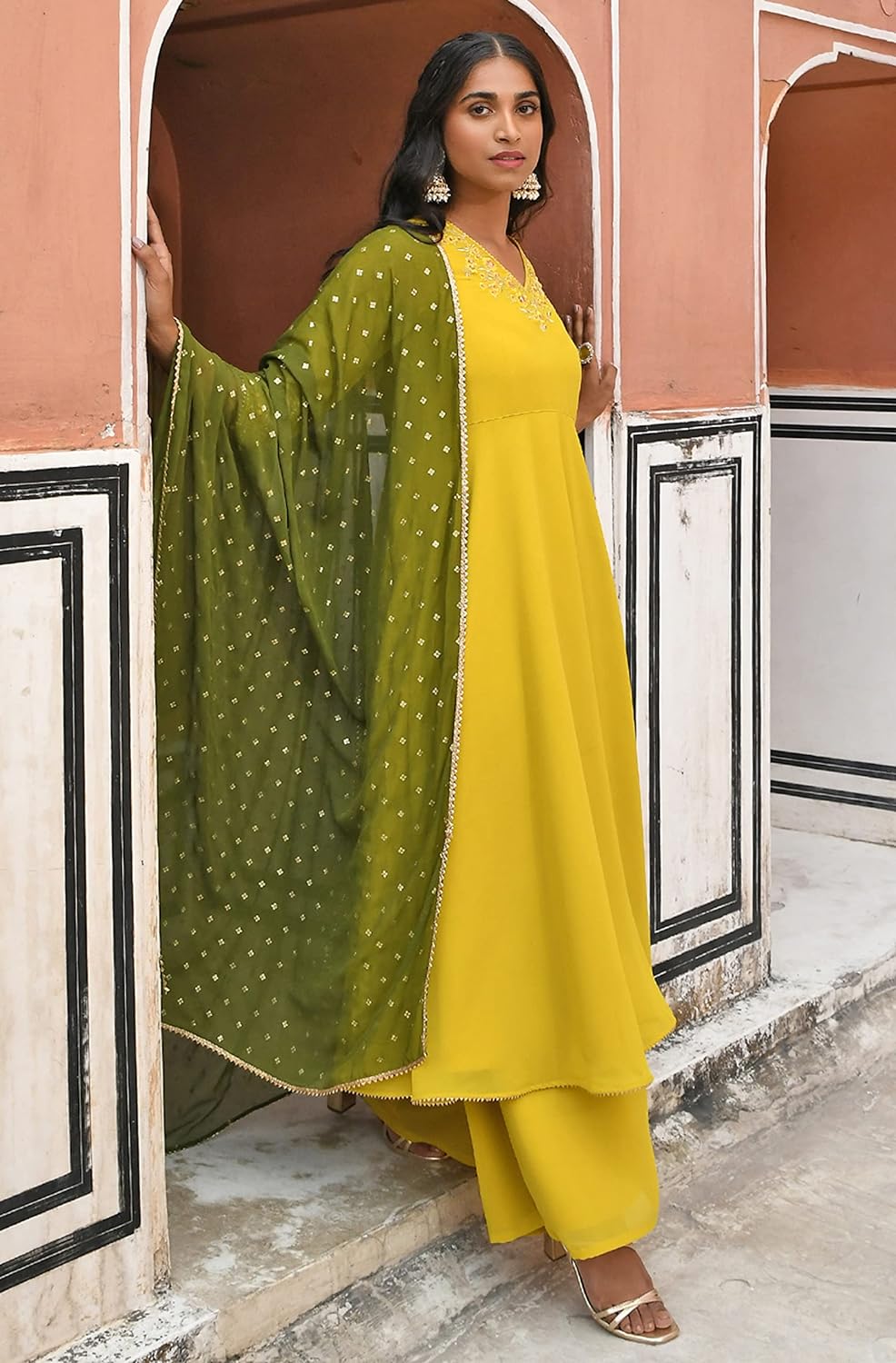 Janasya Women's Yellow Georgette Embellished Kurta with Palazzo and Dupatta