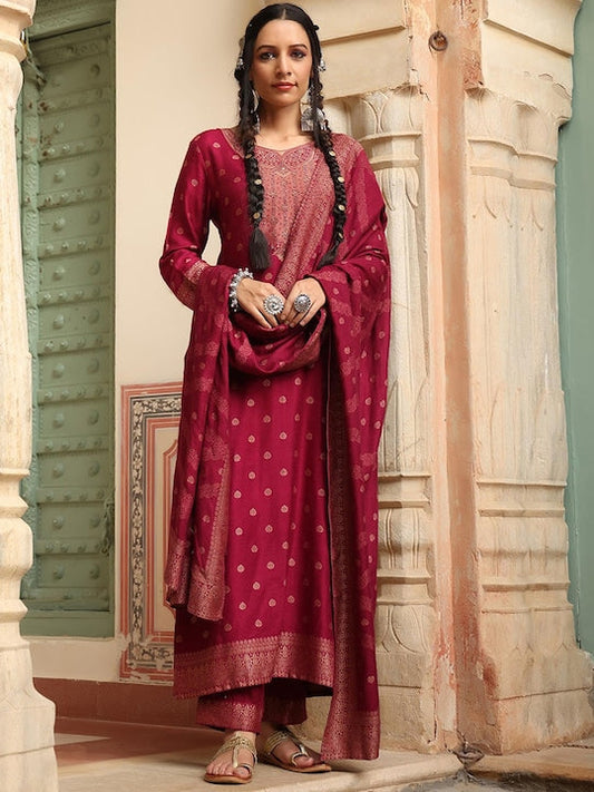 Scakhi Women Fuchsia Ethnic Motifs High Slit Pure Wool Kurta with Trousers & With Dupatta