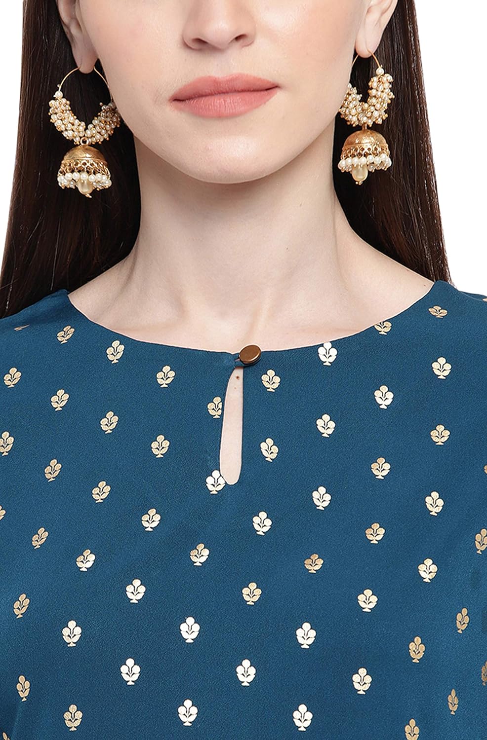 Janasya Women's Teal Poly Crepe Gold Print Straight Kurta