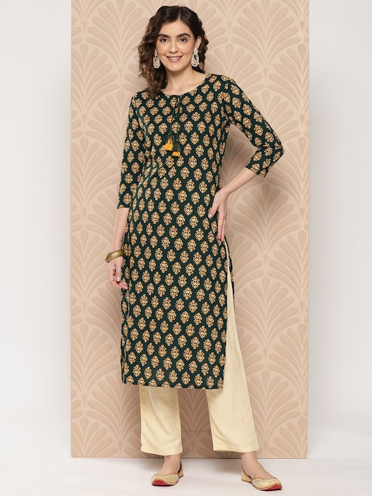 Yufta Women Ethnic Motifs Printed Regular Pure Cotton Kurta with Trousers
