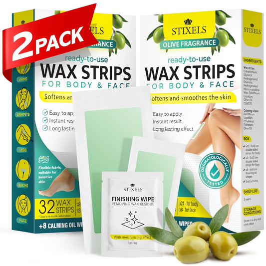 Wax Strips, 64 Count for Hair Removal Ð Waxing Kit for Women & Men with 48 Body Wax Strips, 16 Face Waxing Strips, 16 Oil Wipes Ð Hair Remover (Olive)