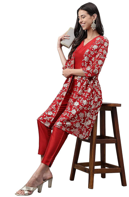 Janasya Women's Red Crepe Silk Solid Top with Pants and Jacket