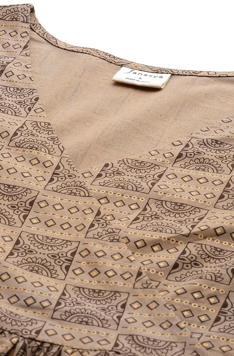 Janasya Women's Brown Cotton Ethnic Motifs Foil Printed Kurta with Pant