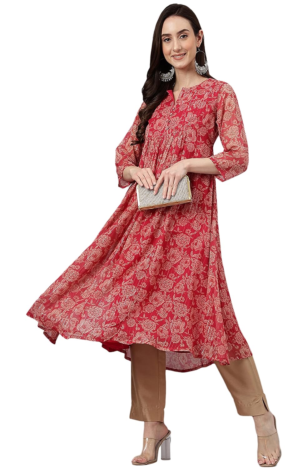 Janasya Women's Dark Pink Chiffon Lurex Floral Printed Flared Kurta