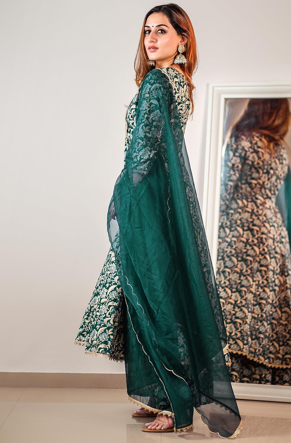 Janasya Women's Teal Cotton Foil Floral Printed Kurta with Palazzo and Dupatta