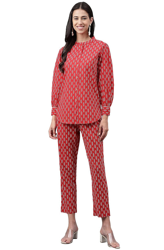 Janasya Women's Red Cotton Ethnic Motifs Co-ords Set
