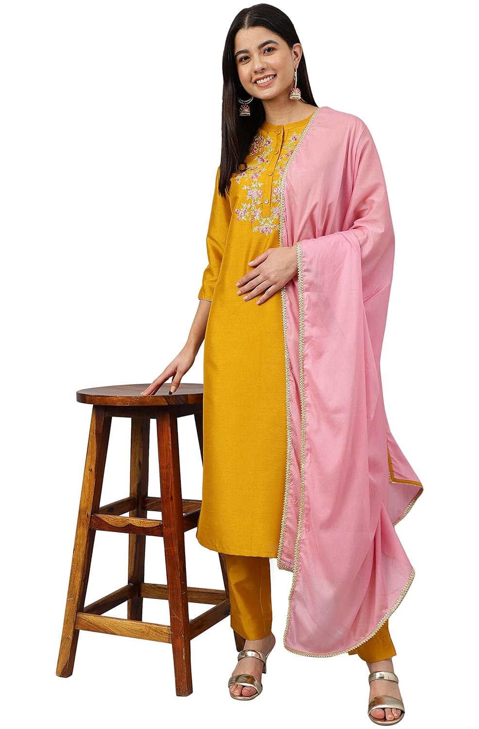 Janasya Women's Mustard Poly Silk Solid Kurta with Pant and Dupatta (Pink)