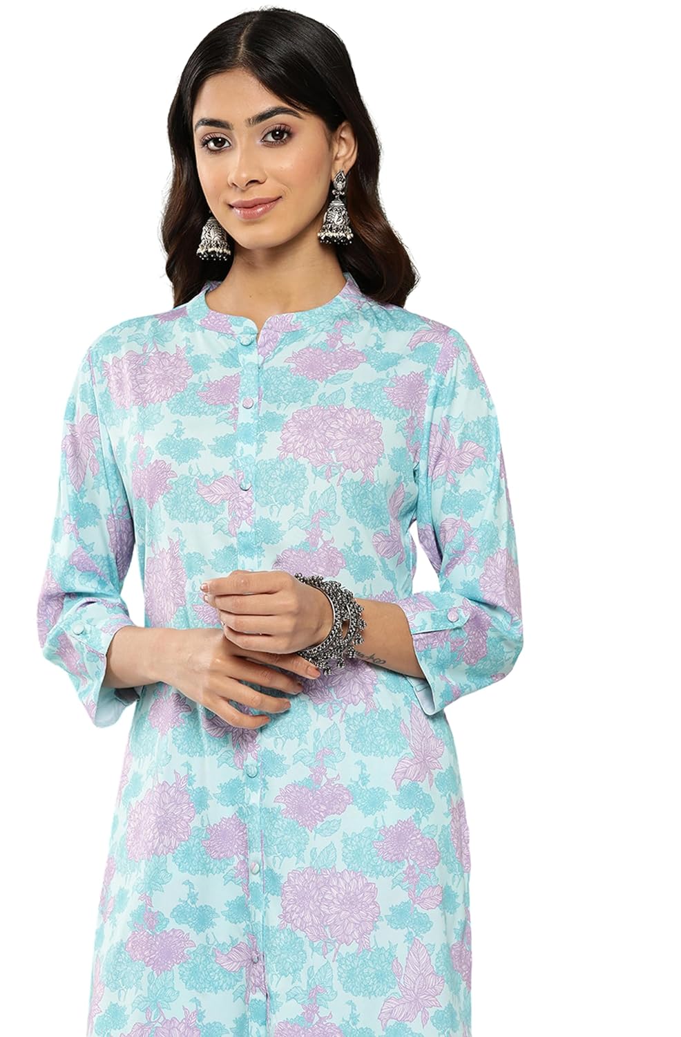 Janasya Women's Sky Blue Crepe Digital Printed Co-ords Set