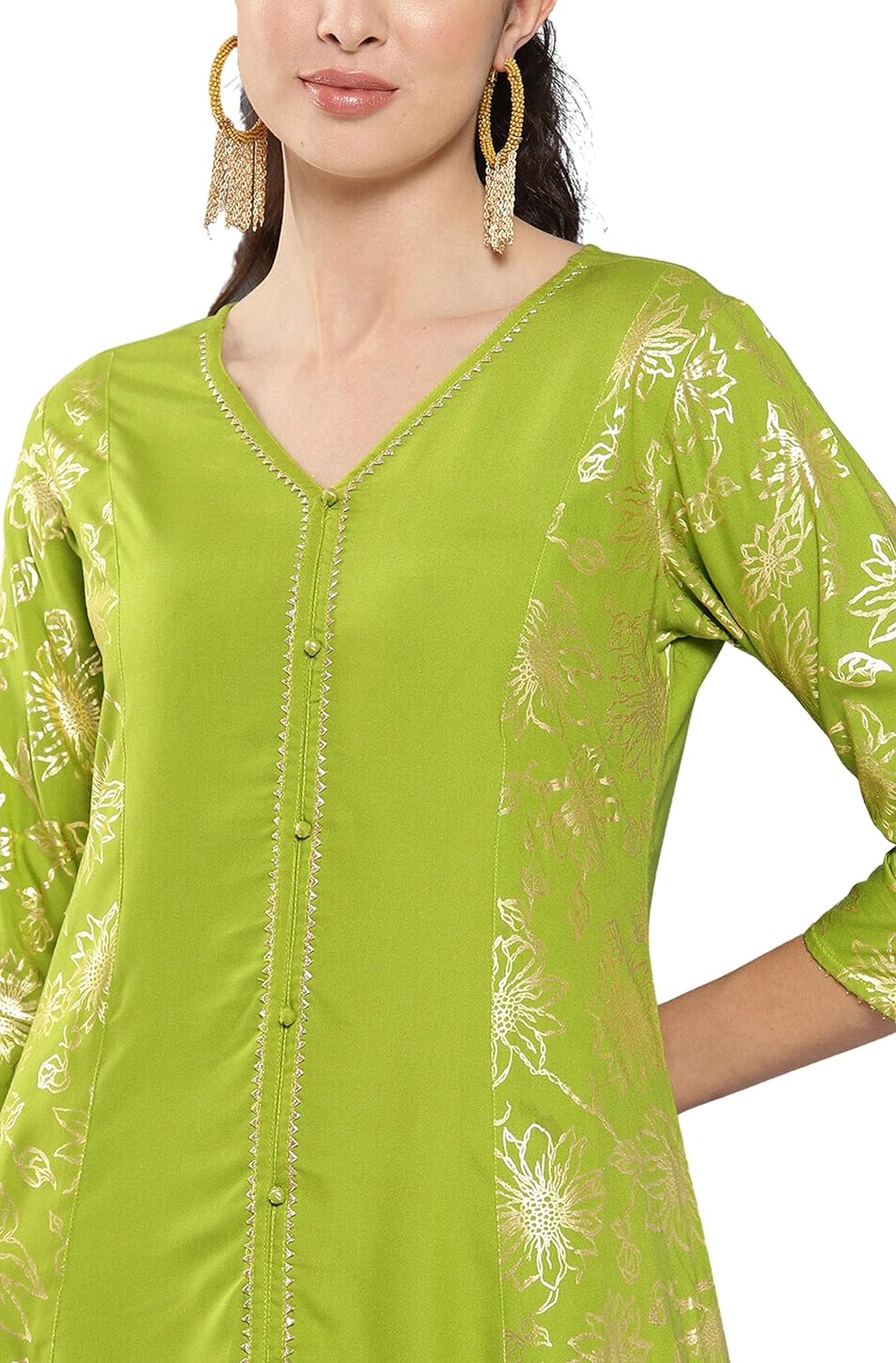Janasya Women's Lime Green Rayon Foil Printed A-Line Kurta