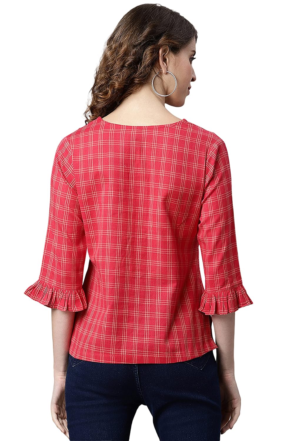 Janasya Women's Red Cotton Checkered Regular Top