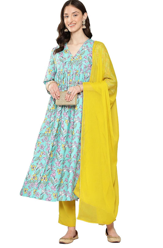 Janasya Women's Sky Blue Moss Floral Digital Printed Kurta with Pant and Dupatta