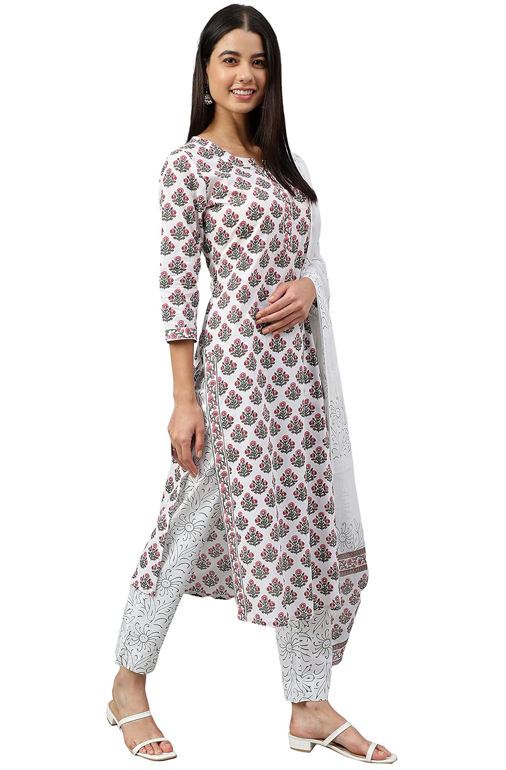 Janasya Women's White Cotton Floral Block Print Kurta with Pant and Dupatta
