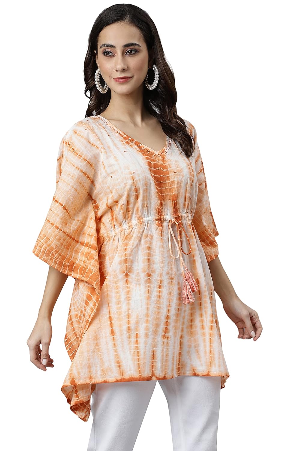 Janasya Women's Rust Cotton Tie dye Kaftan Kaftan Tunic