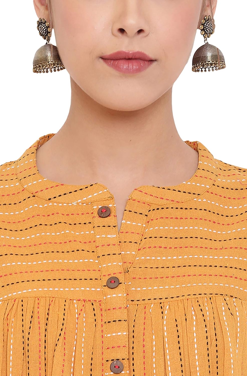 Janasya Women's Mustard Weaved Cotton Tunic Mustard