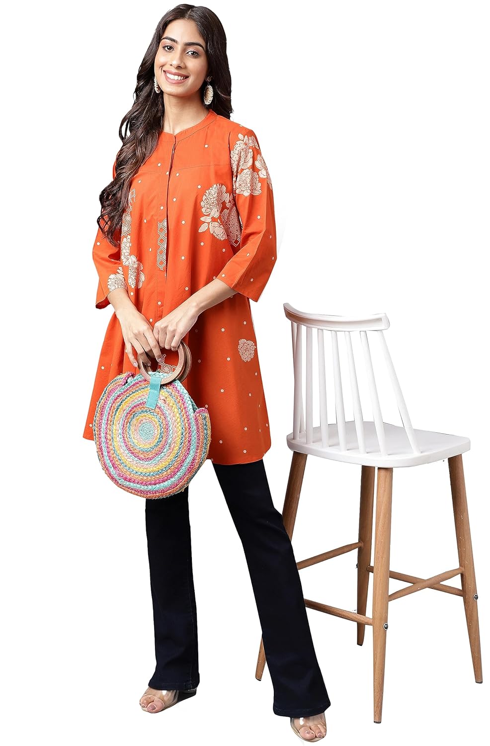 Janasya Women's Orange Cotton Floral Printed Flared Tunic