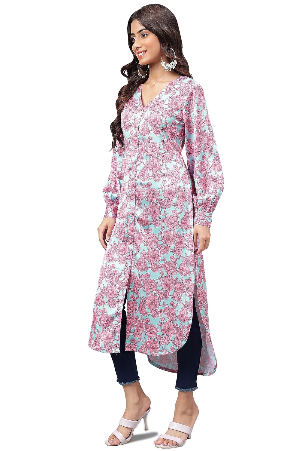 Janasya Women's Sea Green Satin Digital Floral Printed Gathered Kurta