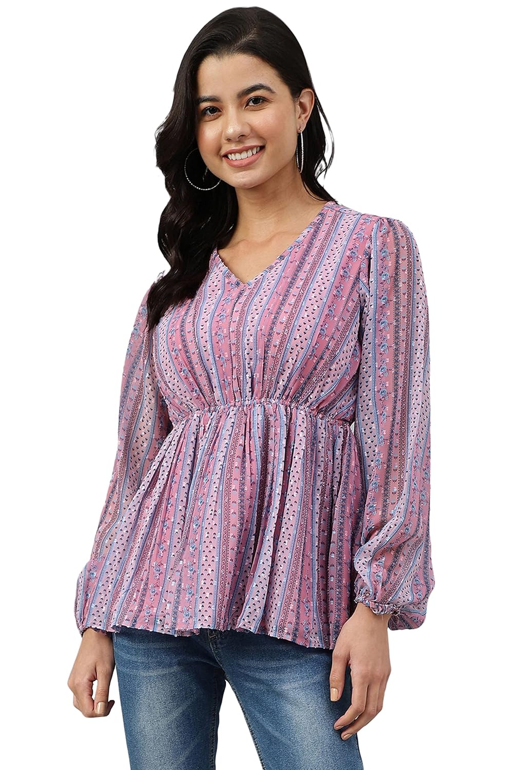 Janasya Women's Pink Dobby Georgette Digital Print Peplum Top