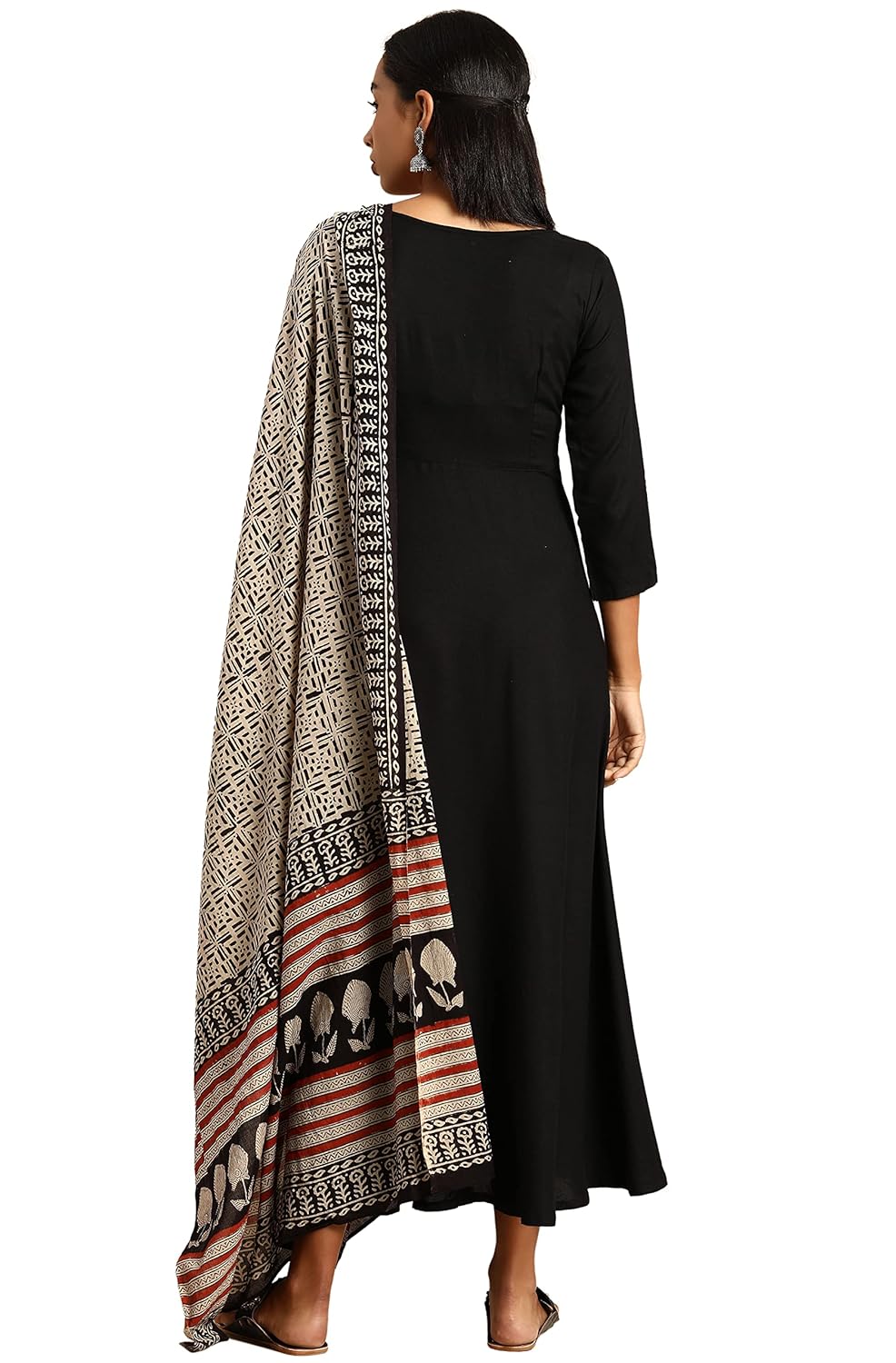 Janasya Women's Black Rayon Kurta with Dupatta