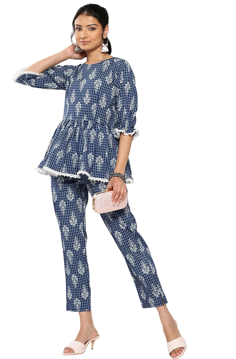 Janasya Women's Blue Cotton Floral Printed Co-ords Set