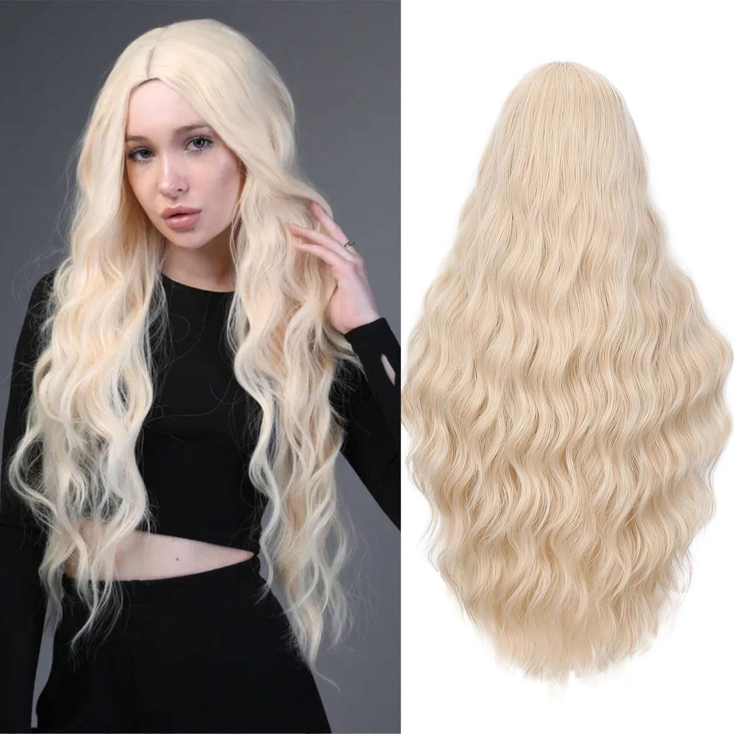 Fancy Hair Platinum Blonde Long Wavy Wig Long Blonde Synthetic Middle Part Curly Wavy Wig for Women Daily Halloween Cosplay 28 Inches