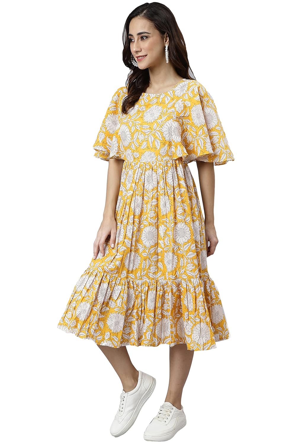 Janasya Women's Yellow Cotton Floral Print Midi Dress