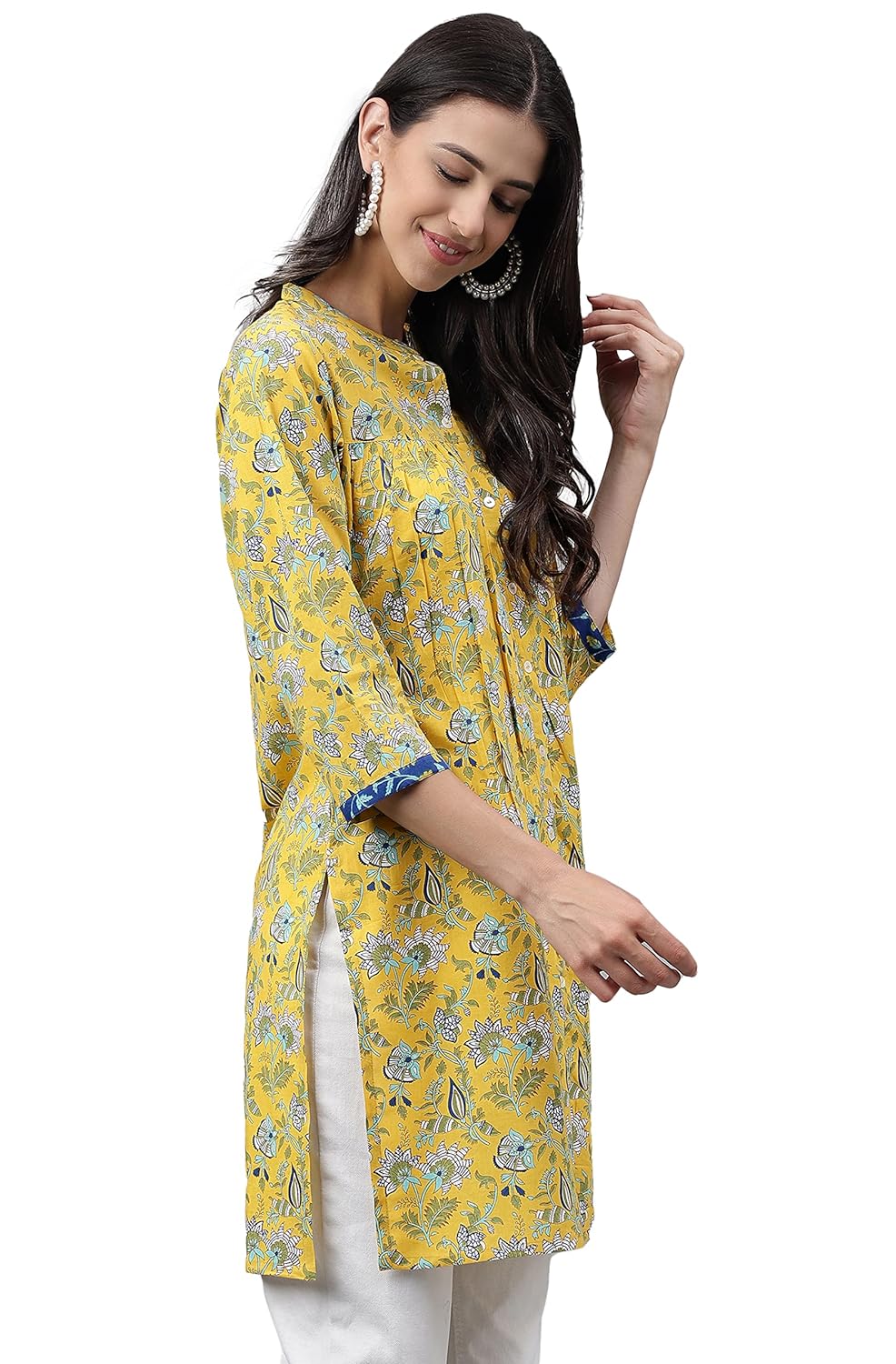 Janasya Women's Yellow Cotton Floral Print Empire Tunic