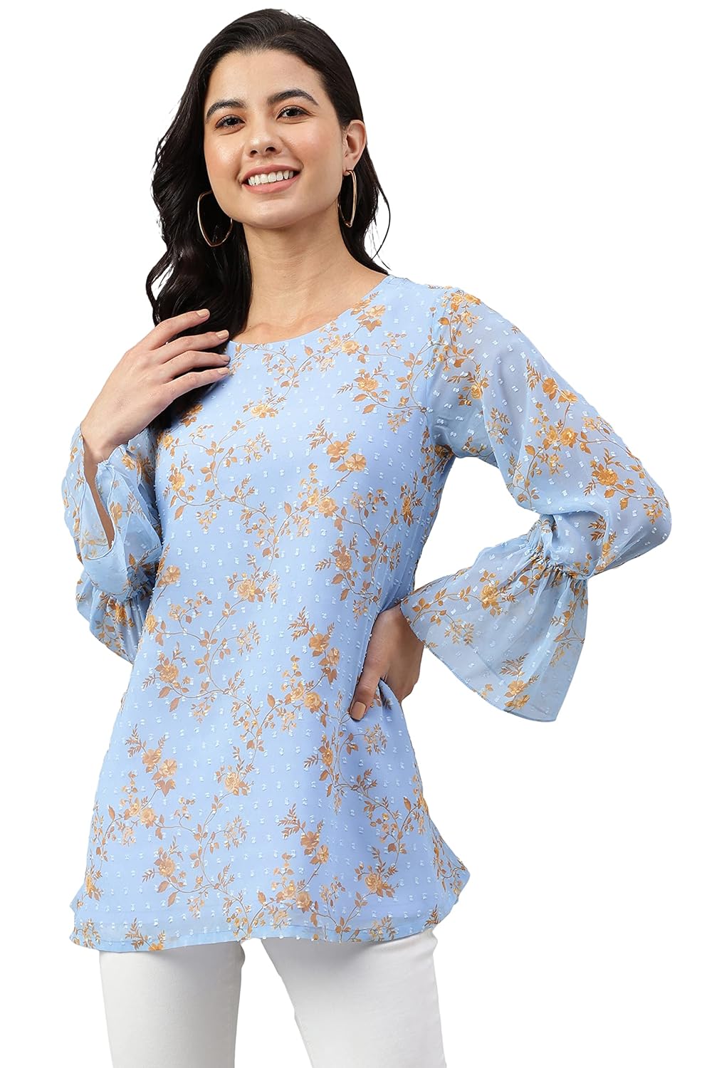 Janasya Women's Sky Blue Dobby Georgette Digital Print A-Line Top