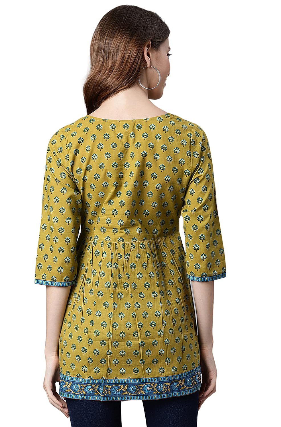 Janasya Women's Green Ethnic Motifs Cotton Tunic