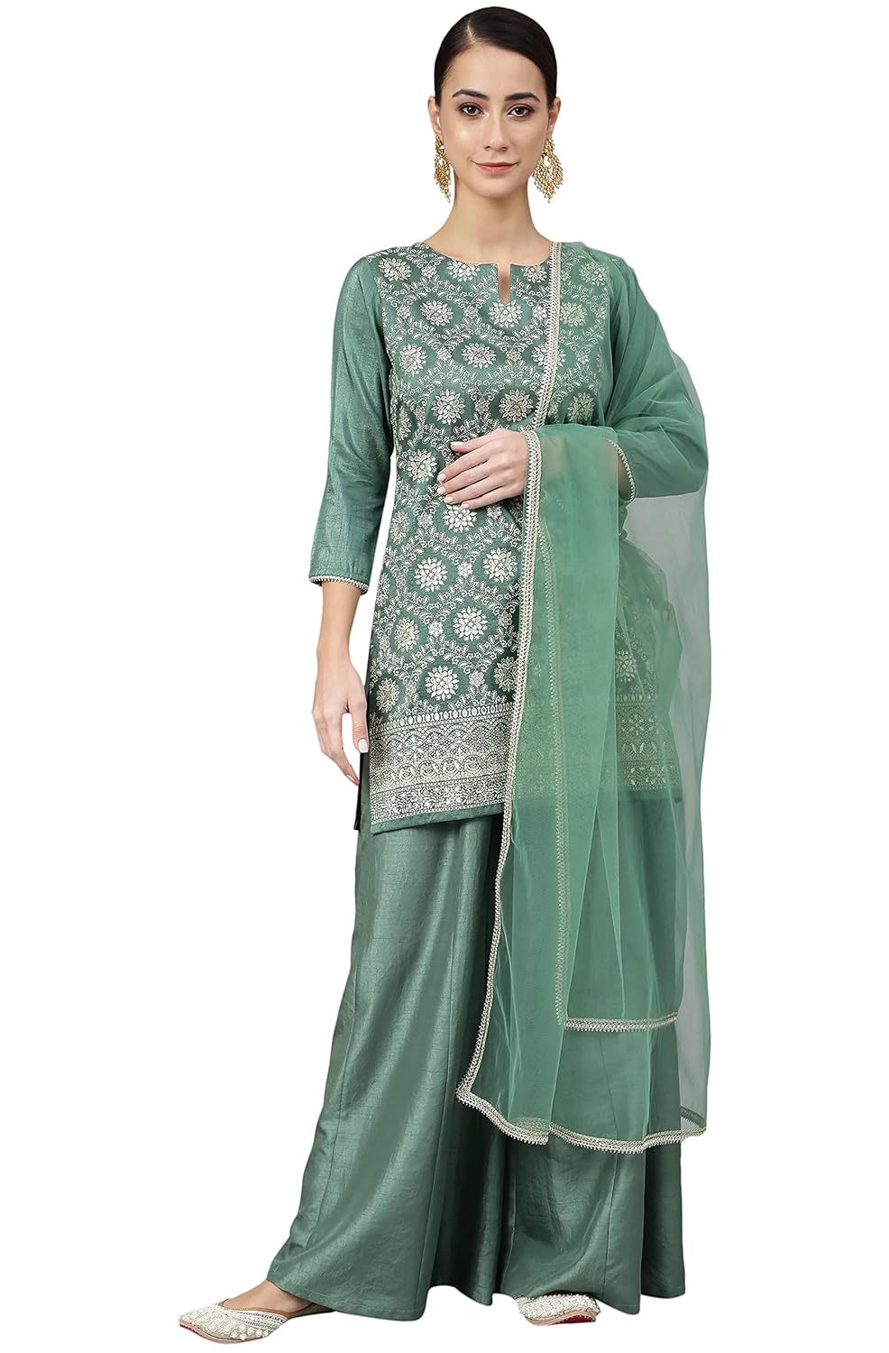 Janasya Women's Mint Green Chinon Foil Print Kurta with Flared Palazzo and Dupatta
